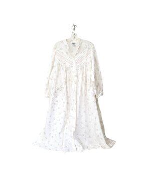 Laura Adams Womens Floral White Cotton Nightgown 1X Long Sleeve Lace Trim Sleepw